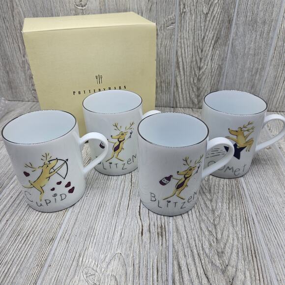 Pottery Barn Other - Pottery Barn Reindeer Mugs Set of 4 Comet Cupid Double Blitzen Christmas Boxed